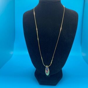 Vintage Trifari Iridescent Teardrop Pendant Necklace 18" Gold Tone